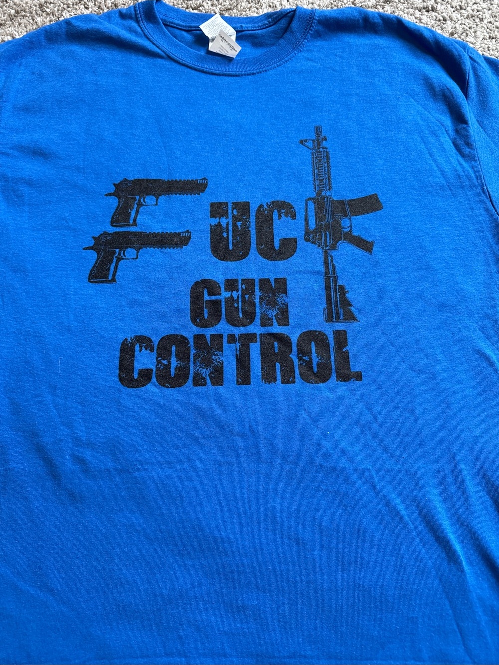 Gildan Royal Blue Graphic Tee with Black 'Gun Control' Statement